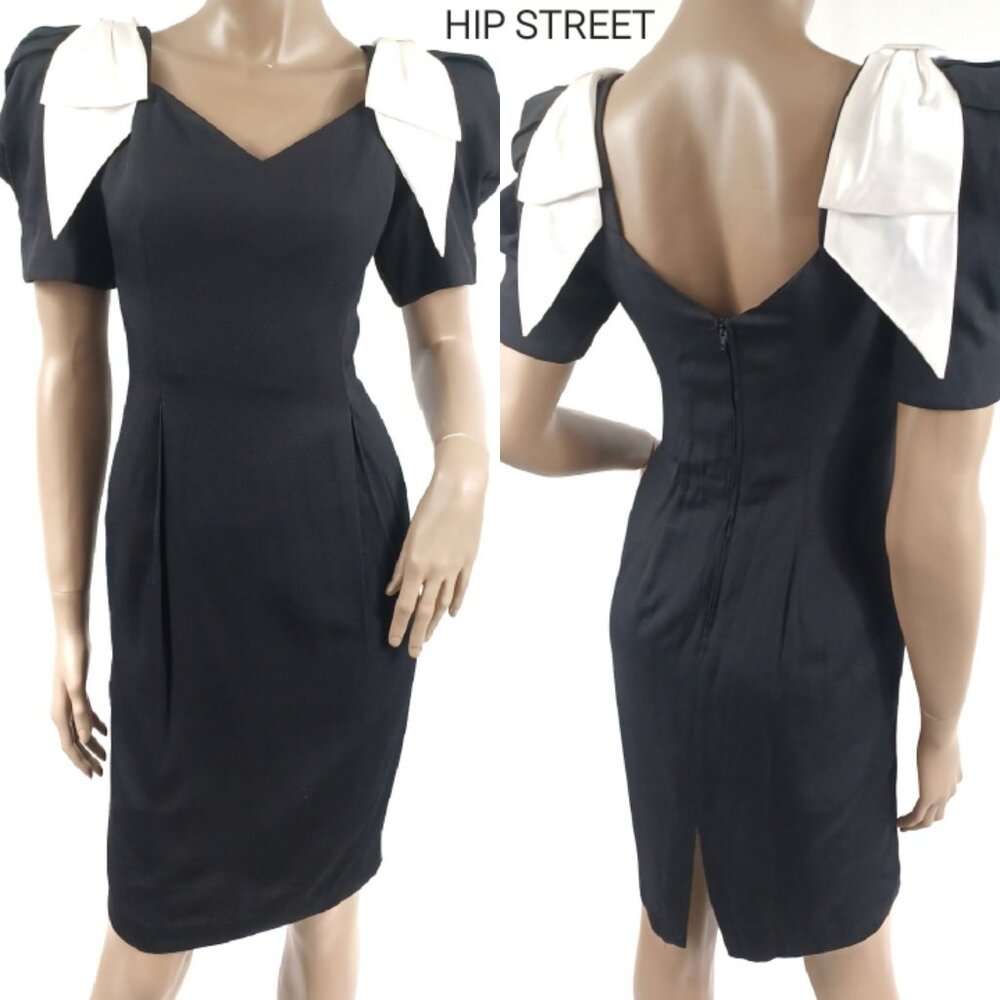 LATE EDITION PETITE Dress Vintage SS Satin Shoulder Bows Sheath Party 8P